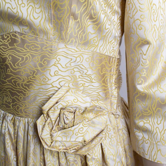Vintage 1950s Gold Satin Squiggle Rose Cocktail Party Dress Holiday Golden 50s S - Picture 3 of 10